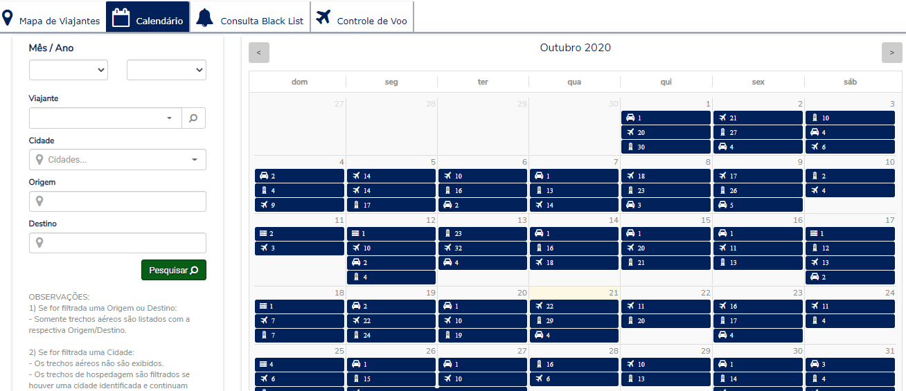 calendário de viagens a negócios